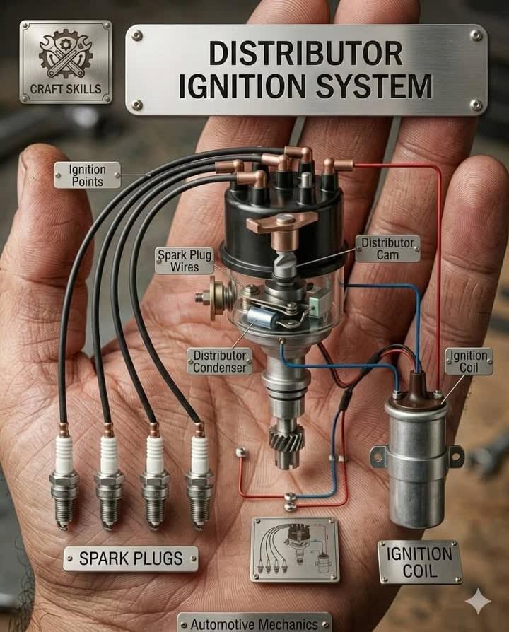 The diagram provides a stylized, high-level look at a traditional Contact Point Ignition System. While modern vehicles h